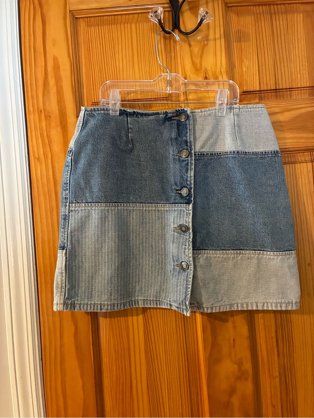 Vintage Guess 90s Patchwork Two-Tone Blue Denim Mini Skirt